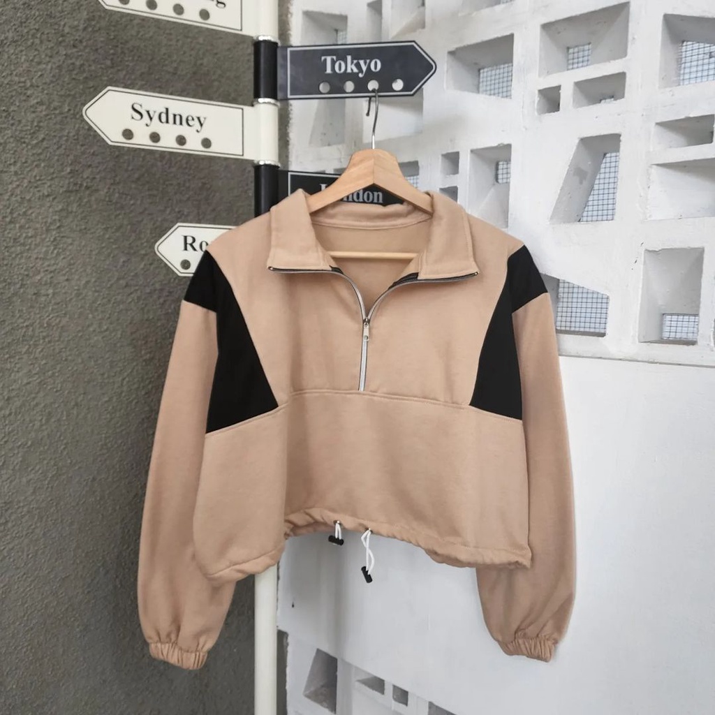 INDIE CROOPE Sweater Zipper Kerah Tinggi | 2 Tone Jacket Wanita Terbaru Stylish Desain Modern Fashion Kekinian