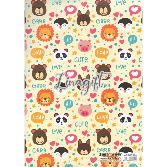 ( 5 Lembar ) CUTE ANIMAL SANWA - KERTAS KADO CIRCUS - GIFT WRAP PAPER SANSAN WAWA ZOO LION ZEBRA TIGER GIRAFFE PUPPY DOG ELEPHANT MONKEY ZOO