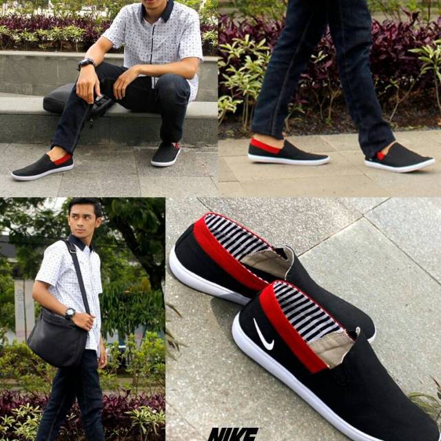 Sepatu slip on pria Nike hitam list merah