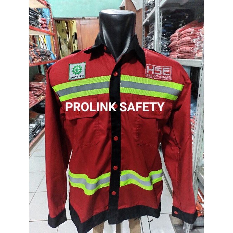 SERAGAM SAFETY HSE KANCING MERAH LIST HITAM ATASAN FREE LOGO K3 BENDERA DAN HSE SCOTLIGT 5CM HIJAU