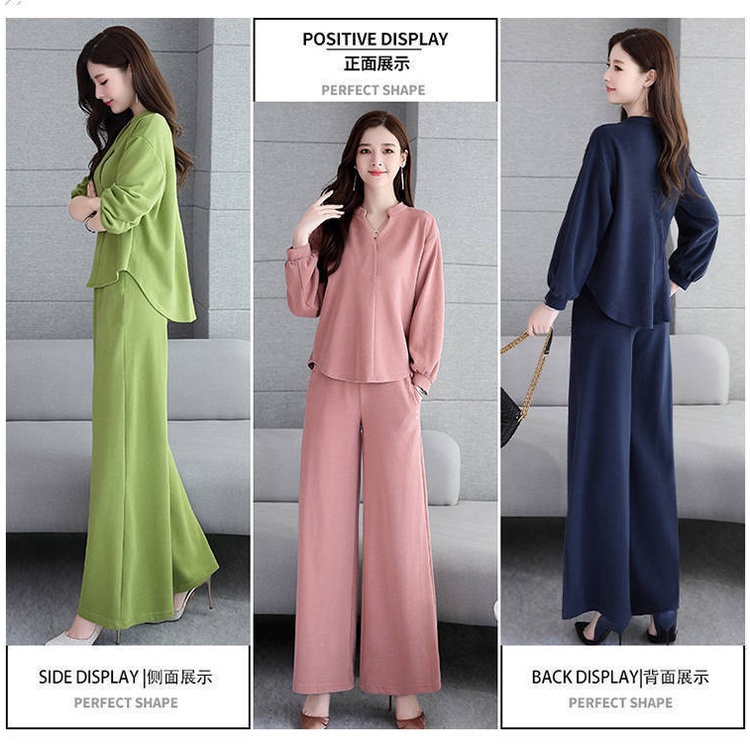M-3XL Fashion One Set Setelan Wanita Katun Solid Longgar Lengan Panjang V-Neck Blus + Celana Panjang Set