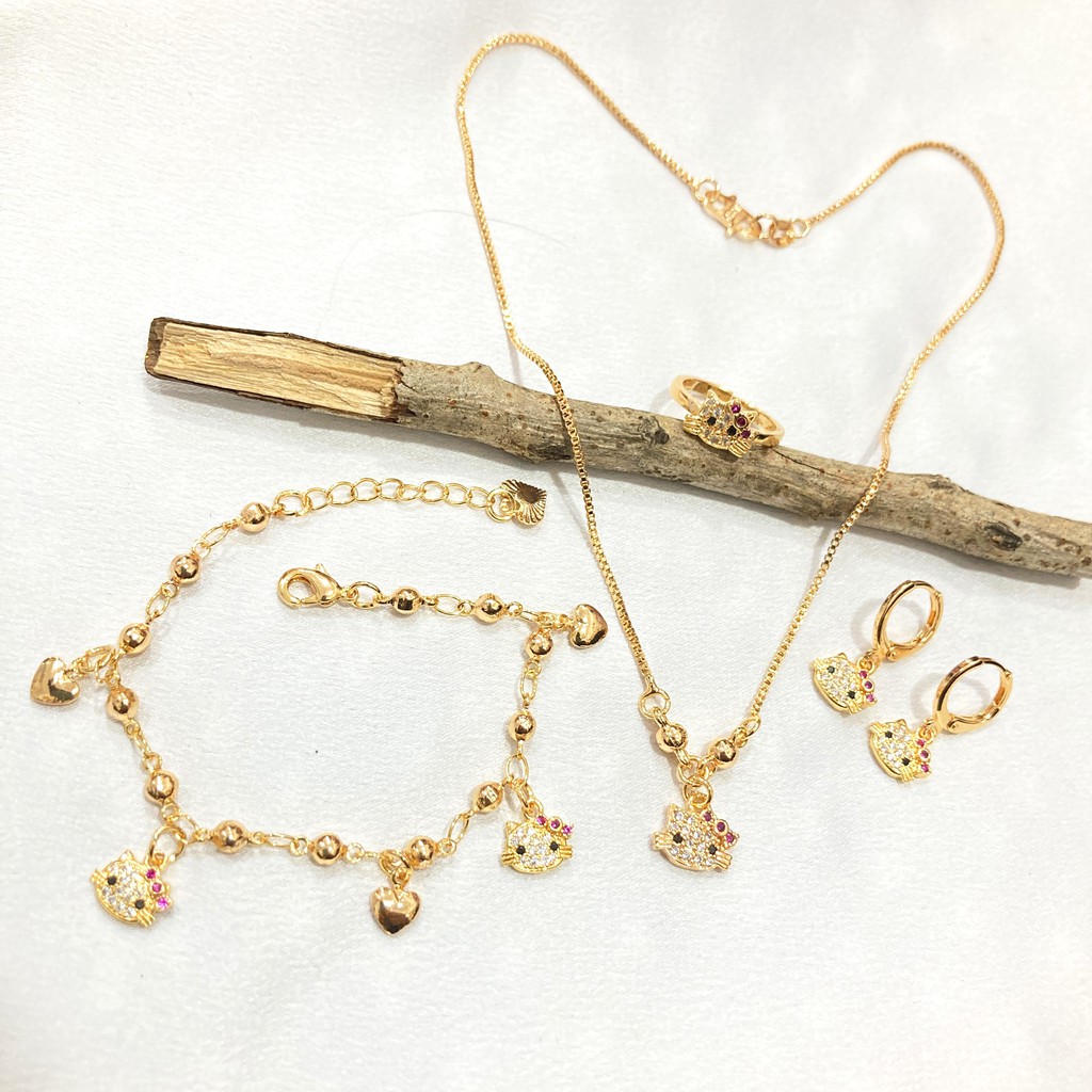 Set Perhiasan Anak Kalung Anting Cincin Gelang Permata Lapis Emas
