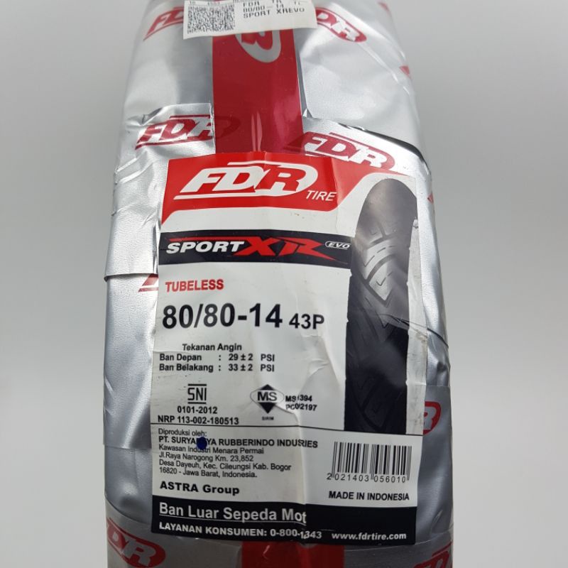 BAN LUAR FDR SPORT XR EVO 80/80-14 BAN TUBELESS FDR