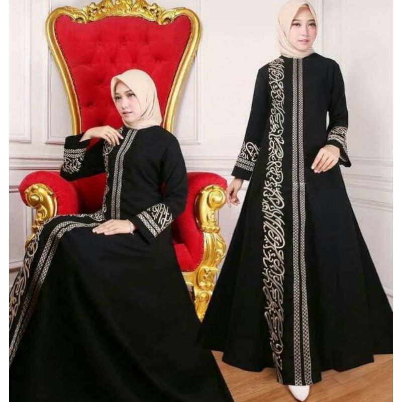 model baru Bordir Mewah gamis hitam pekat elegan Kaligrafi bordir cantik