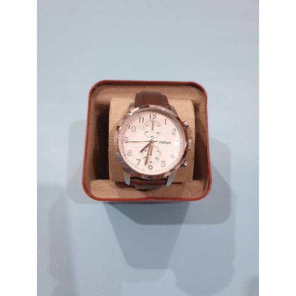 Preloved jam tangan arloji pria Fossil original leather coklat stainless steel
