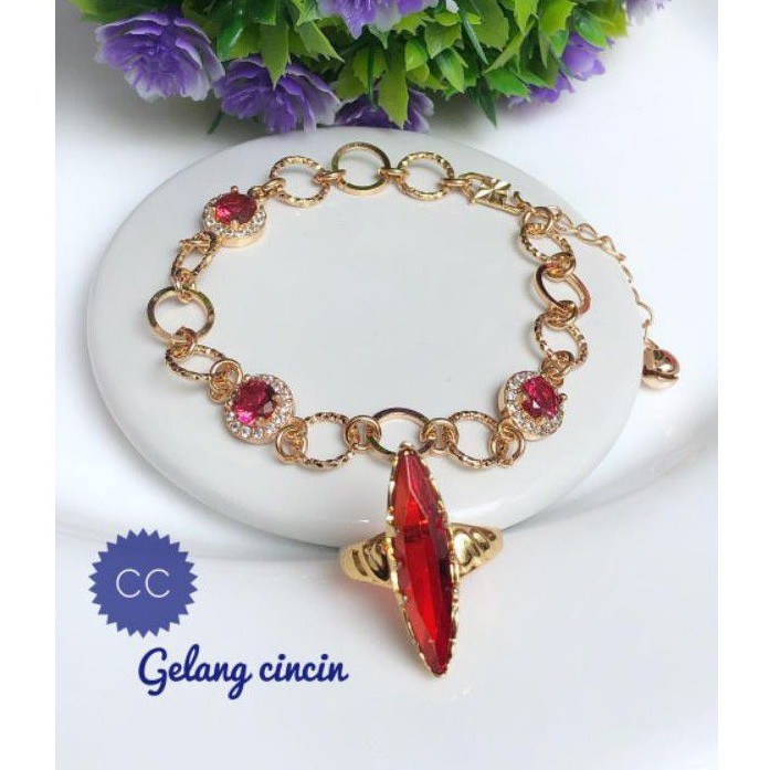 (NOV) Set Perhiasan Lapis Emas Xuping Gelang Cincin Batu Rubi Permata Merah Gold Mewah Titanium