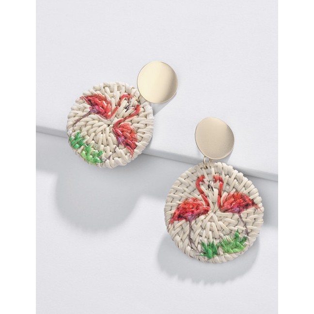 LRC Anting Tusuk Fashion Beige Rattan Printed Round Pineapple Earrings