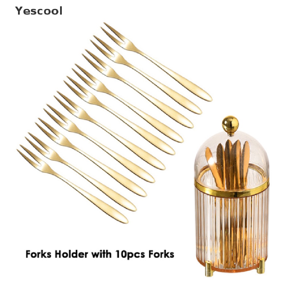 Yescool 10PCS Garpu Buahkuemakanan Penutup Bahan Stainless Steel Warna Gold Portabel Dengan Toples