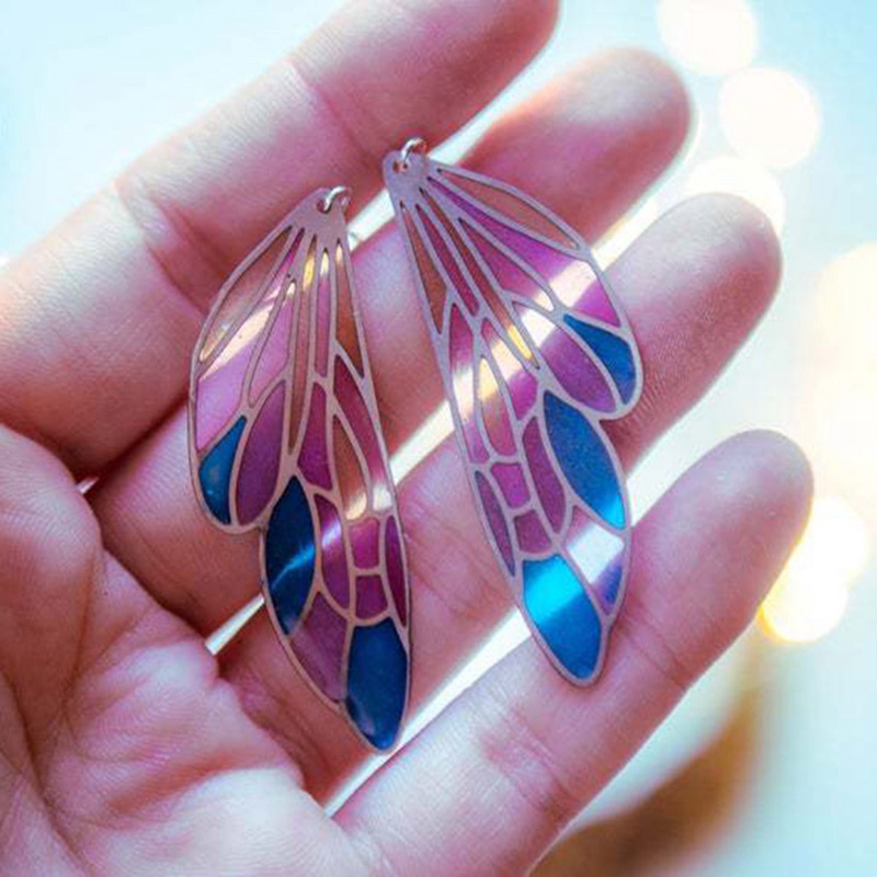 Anting Panjang Bentuk Sayap Kupu-Kupu Asimetris Warna Gradasi Untuk Pengantin