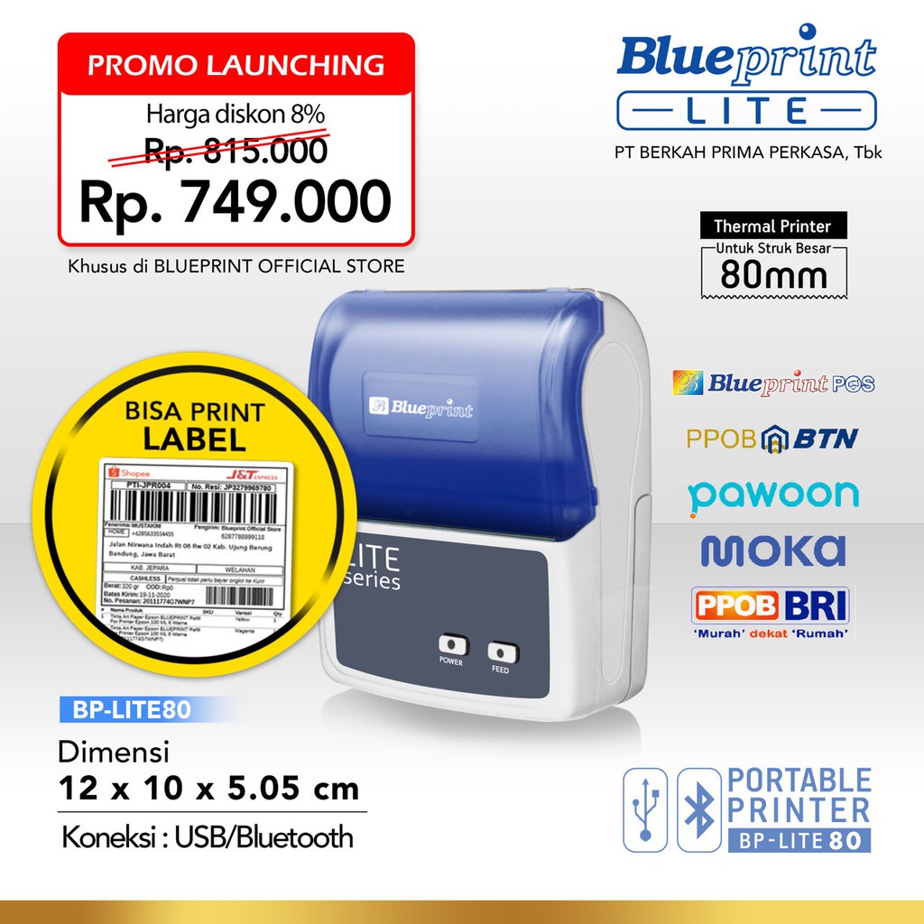 BLUEPRINT Portable Printer Thermal Label 80 BP LITE80 - USB + Bluetooth