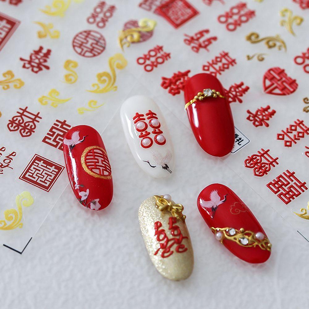 Agustina 5D Timbul Nail Art Sticker Happy Fashion Berkah Beruntung Akrilik Gaya Cina Pernikahan Dekorasi Kuku