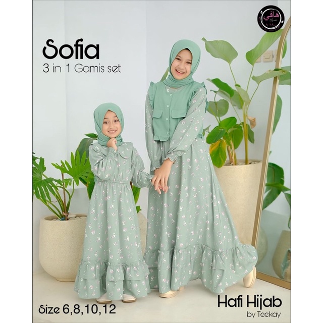 Gamis Set Sofia Anak Perempuan - Dress Jilbab 3 in 1 Cewek Lucu Nyaman - Dres Panjang Hijab Khimar Usia 6 8 10 12 Tahun