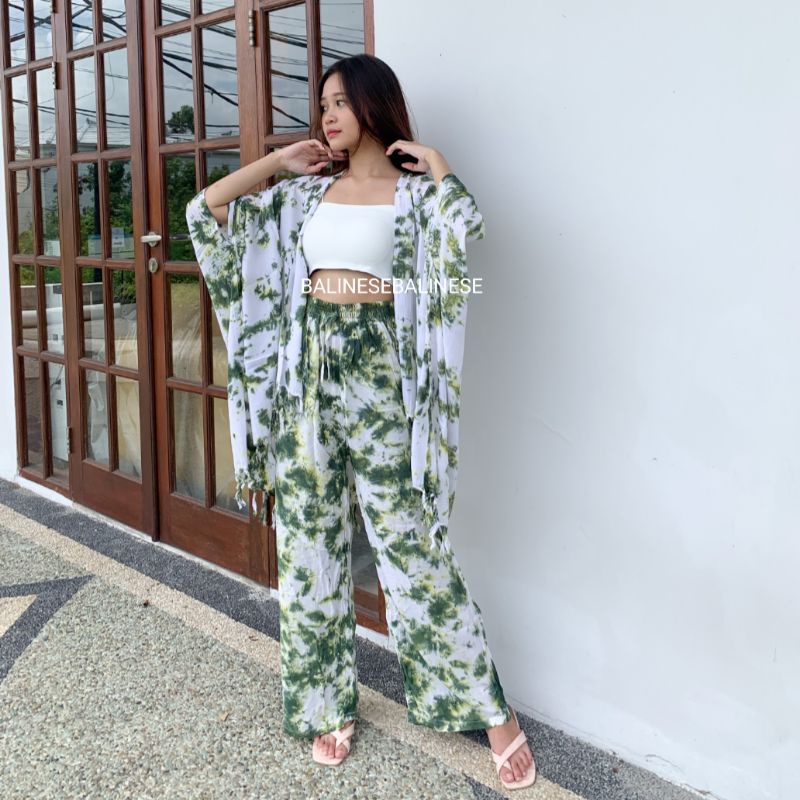 Setelan Cardigan Kulot Abstrak Tie Dye Rumbai Bali Termurah