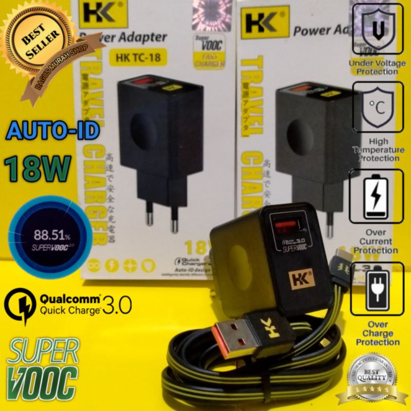 Charger HK QC 3.0 18W 3A SuperFast Charging / Adaptor 3.0 Quick Charge 18W Fast Charging SUPER VOOC