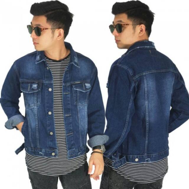 Jaket Denim Trucker Ripped Dark Blue