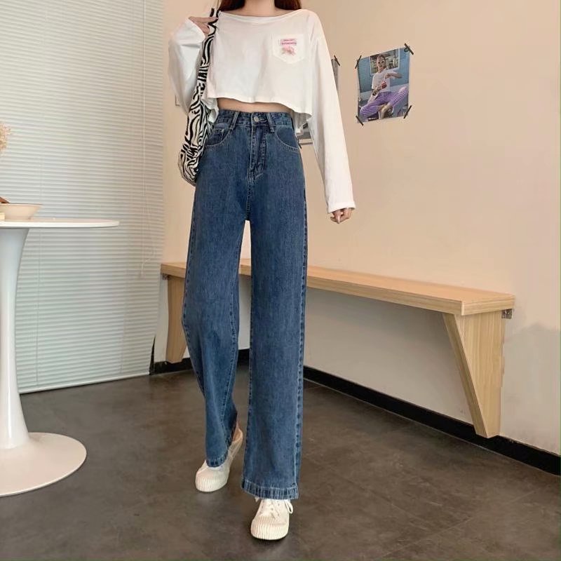 Celana panjang wanita baru slim-fit high-waist straight-leg wide-leg jeans celana highwaist wanita