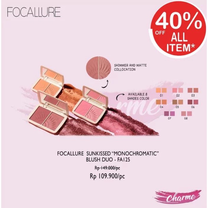 CLEARANCE SALE ! Focallure Sunkissed Monochromatic Compact Blush On Duo Palette Pipi FA125 FA 125 Perona Pemerah Pipi Tahan Lama Waterproof