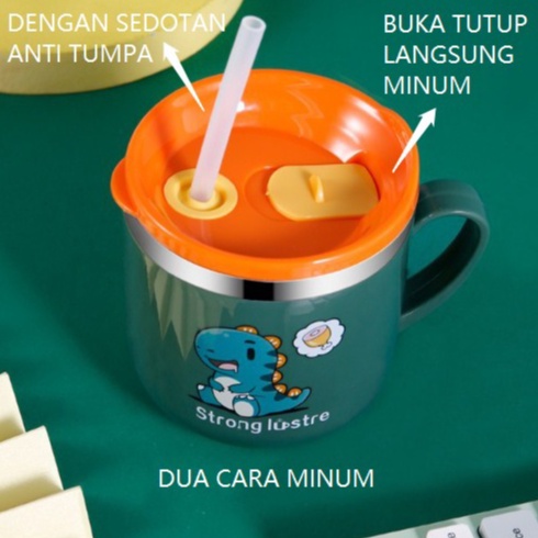 Gelas Minum Sedotan Anak Bergagang Bahan Stainless Anti Pecah 250ml gelas minum anak botol minum anak tempat minum anak gelas anak peralatan makan anak perlengkapan bayi botol minum bayi sedotan anti tumpah gelas sedotan sedotan gelas stainless