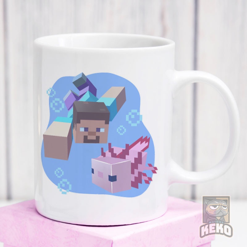 minecraft steve axolotl Mug Gelas Keramik Unik
