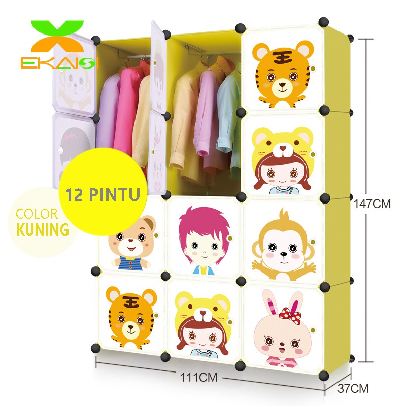 Ekaisi Lemari pakaian plastik rak serbaguna susun lemari baju anak 12 kotak pintu hello kitty
