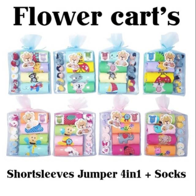 Flower Cart's Jumper 4in1 and socks Bodysuit Baju Bayi Kaos Kaki 6-9 Bulan Motif Boy