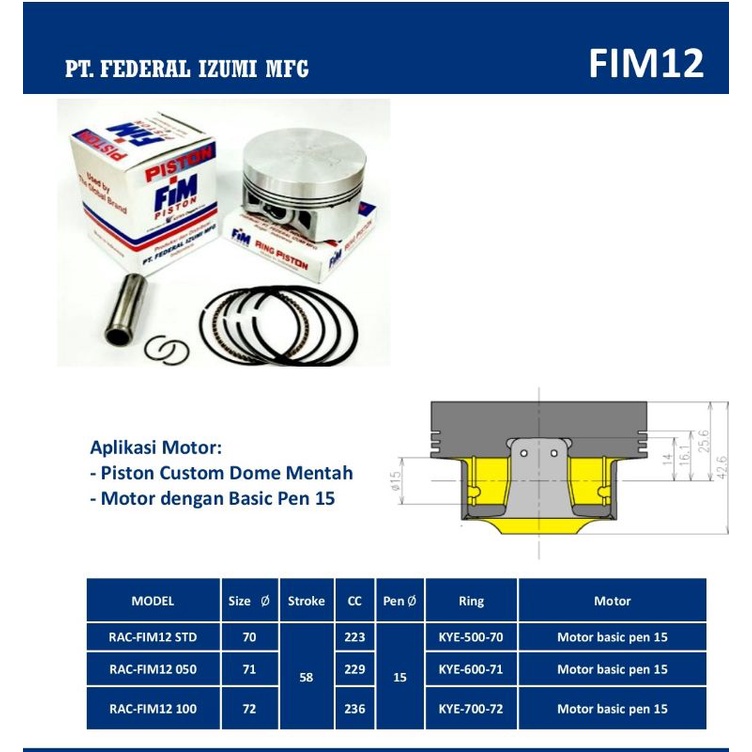 PISTON SEHER FIM12 CUSTOM DOME MENTAH UKURAN 70 71 72 PEN PIN 15 CBR 150 TIGER MEGA PRO CB100