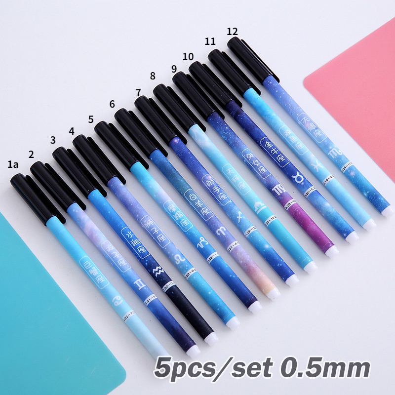 5pcs / Set Pulpen Gel 0.5mm Motif Rasi Bintang Untuk Stationery Sekolah / Kantor