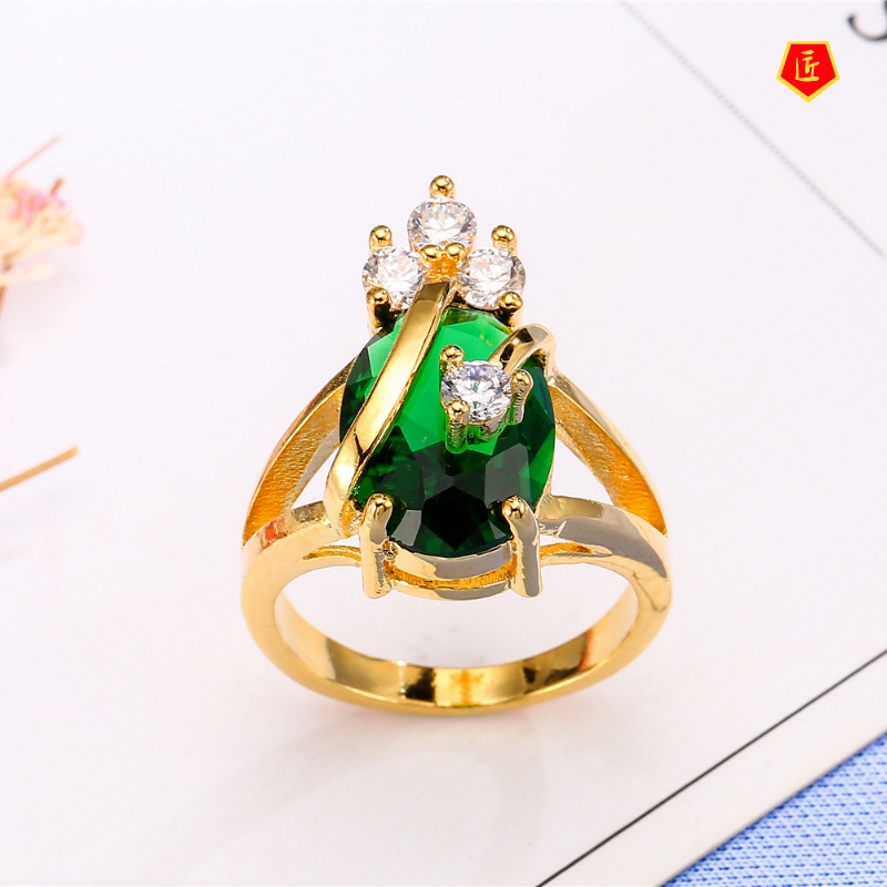 [Ready Stock]18K Gold Luxury Diamond Emerald Ring