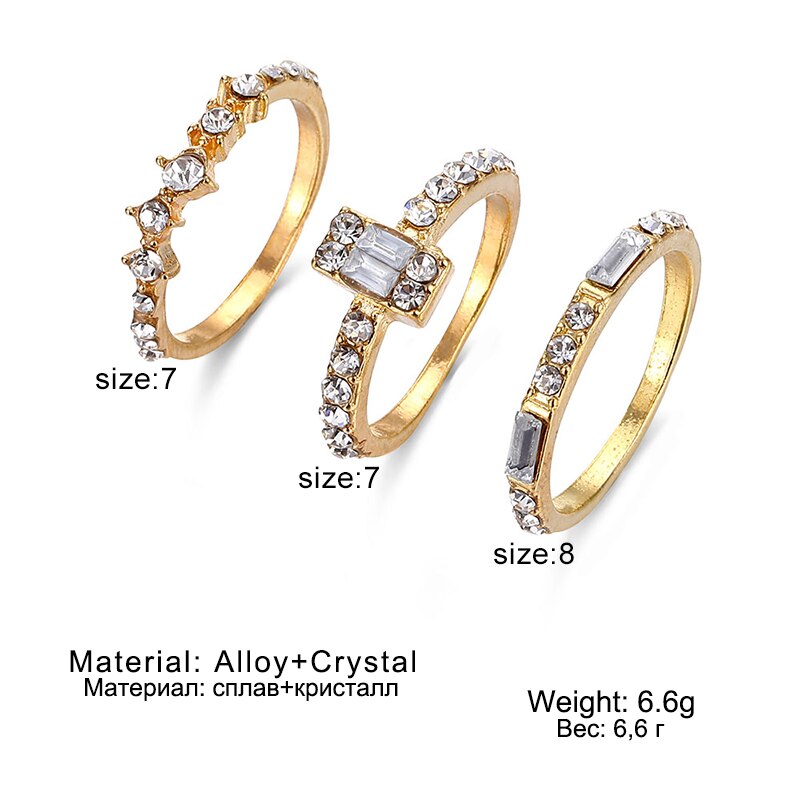 3pcs/set Cincin Kristal Zircon Warna Emas 2020 Untuk Wanita