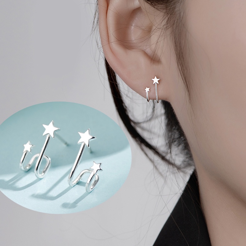 Unique Star Stud Earrings Anting Women Cool Silver Earring Jewelry Party Ear Clip Birthday Gift