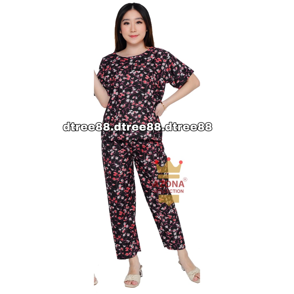 Dtree .baju tidur piyama dewasa cp oblong motif bunga  / baju tidur dewasa katun eropa-lily new hitam