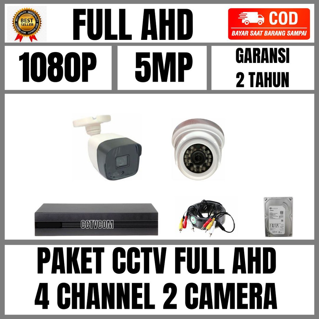 PAKET CCTV FULL AHD 4 CHANNEL 2 KAMERA 5MP IR SONY 1080P KOMPLIT TINGGAL PASANG *