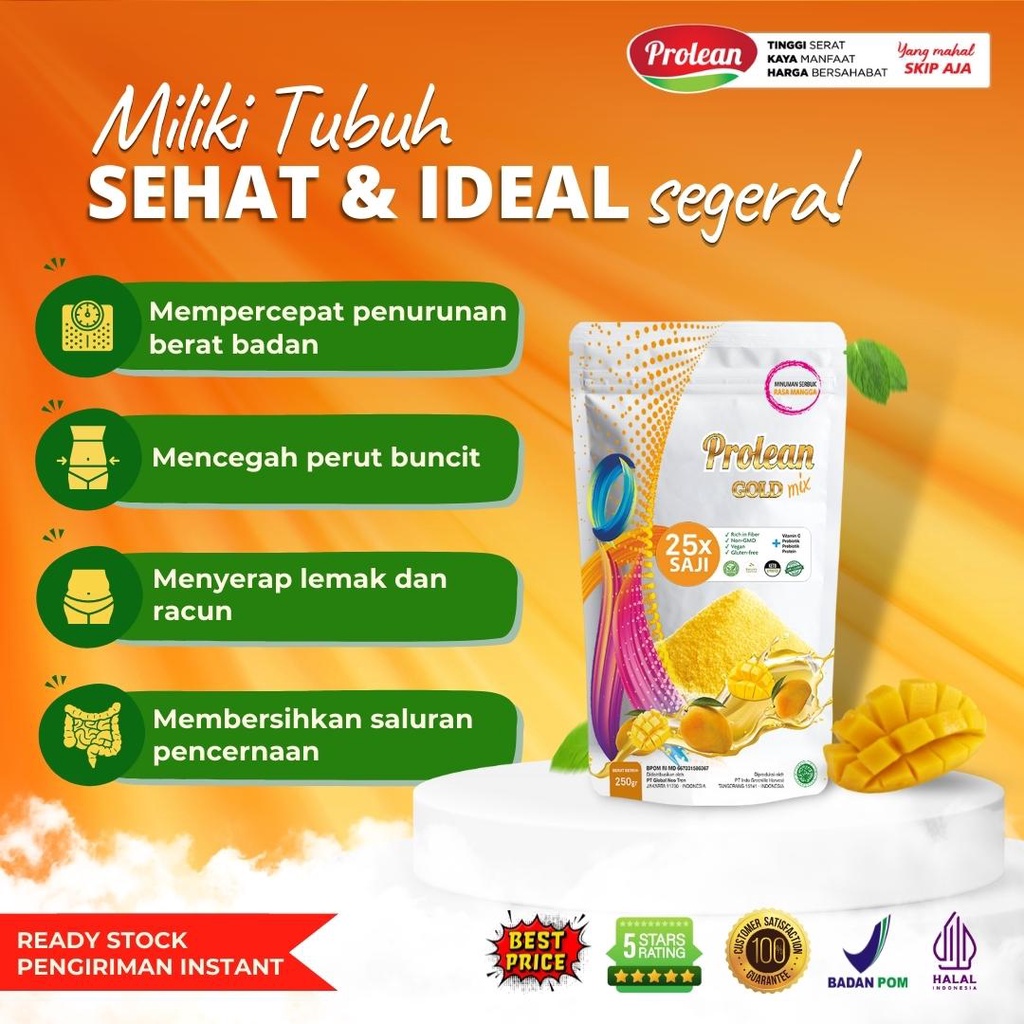 PROLEAN Minuman Serbuk Tinggi Serat | Psyllium Husk, Chiaseeds, Protein, Probiotik, Prebiotik, Vitamin C | Rasa Mangga