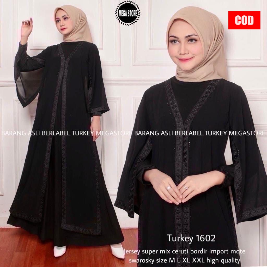 TURKEY 1602  BLACK Gamis Abaya Dress Dubai Arabian Style warna Hitam Wanita Ibu ibu Remaja Untuk Pes