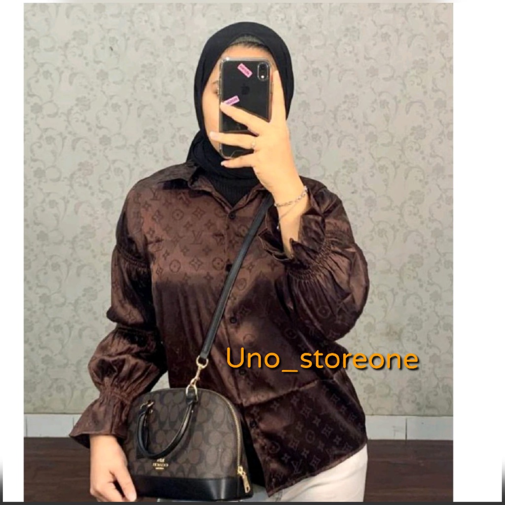KEMEJA LALUNE MOTIF LV KERUT - ORIGINAL IMPORT DARK CHOCO BANGKOK UNO STORE ONE TERMURAH