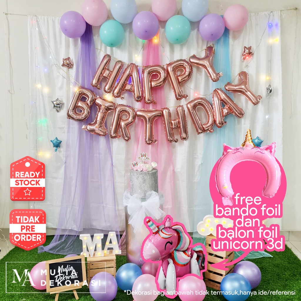 Backdrop Dekorasi Macaron Unicorn Ulang Tahun Happy Birthday paket Tirai Pesta Anak Paket Unicorn Premium