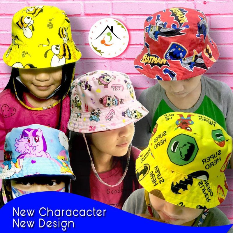 Topi Bucket hat  anak motif kartun ada tali all size