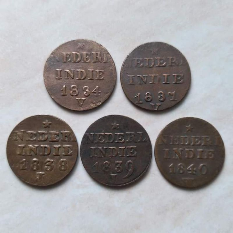 Koin Kuno 1 Cent Nederl Indie 5 Pcs 1834 1837 1838 1839 1840 - Bagus