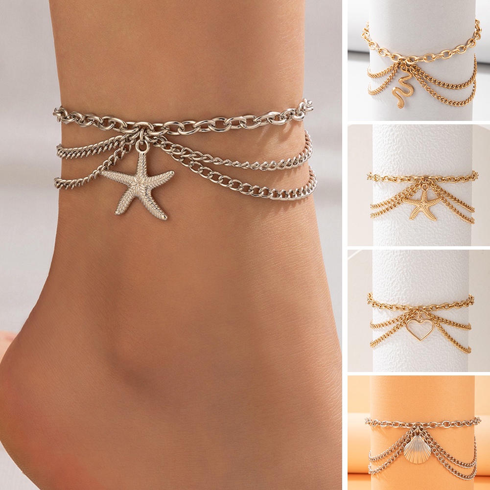 Gelang Kaki Rantai Rumbai Motif Kulit Ular / Hati Warna Emas / Silver Gaya Boho Untuk Wanita