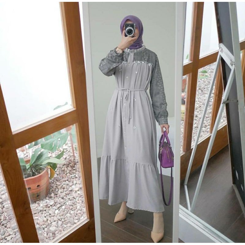 Amina Dress Brukat / Gamis Brukat Premium Payet Mutiara - CustomSize (Busui)