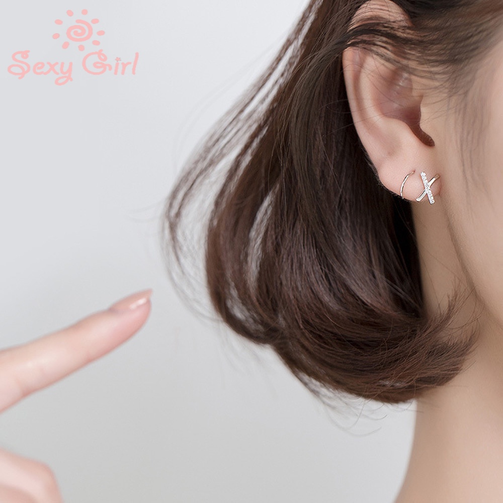 Anting Stud Desain Huruf X Aksen Berlian Gaya Korea Untuk Wanita