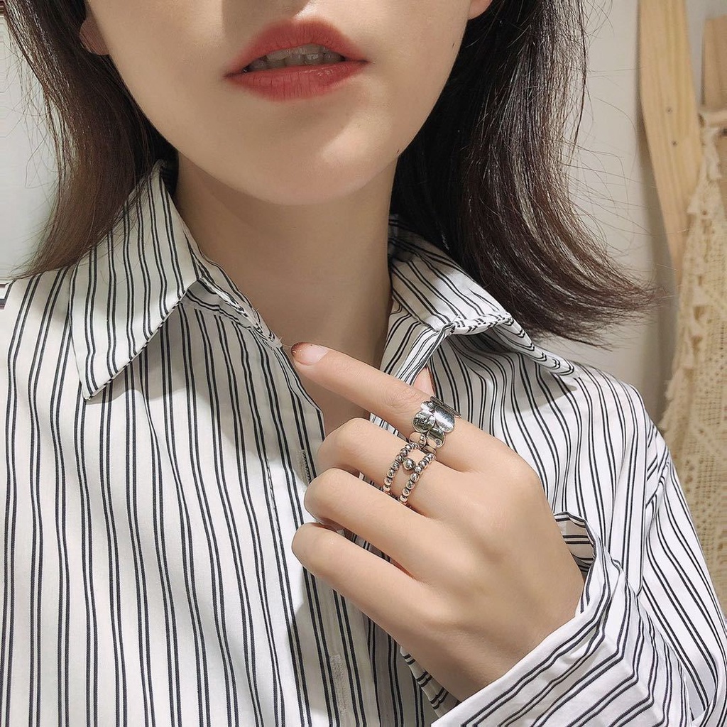 Cincin Model Terbuka Desain Geometri Lapis silver Gaya Jepang Dan Korea Untuk Wanita