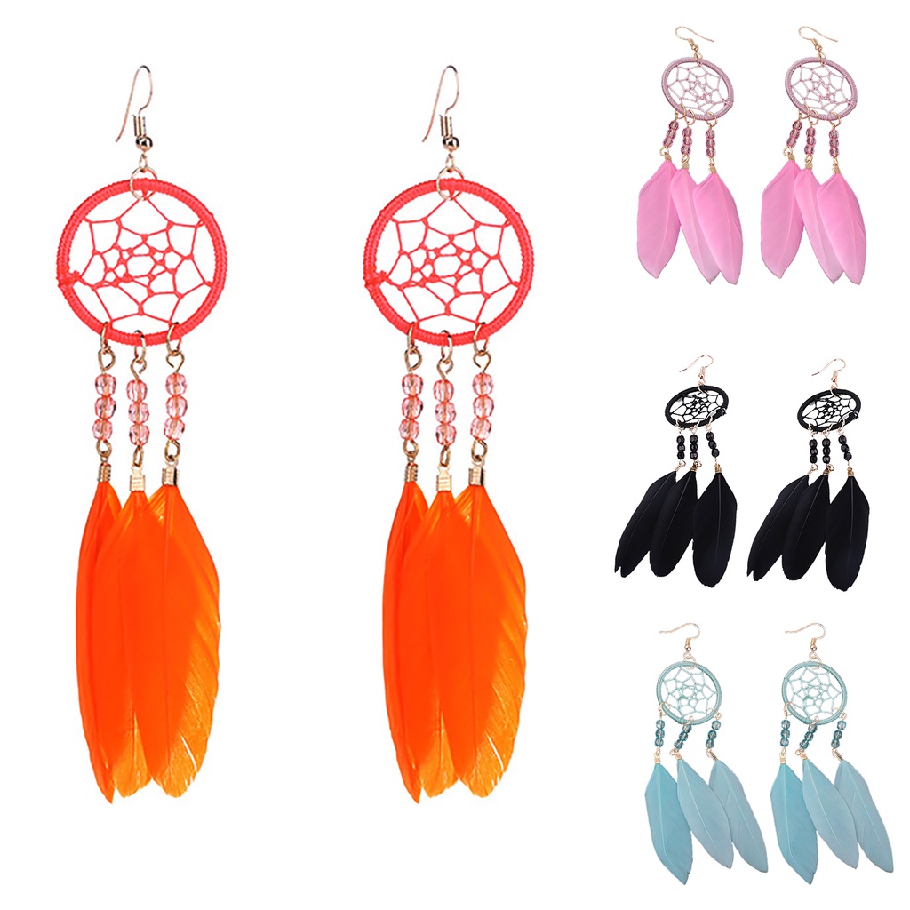 Hu Hu Hu Hu Hu Alat Bantu Pasang Kacamata♡ 1 Pasang Anting Desain Bulu Dream Catcher Hollow Out Gaya Etnik Bohemia