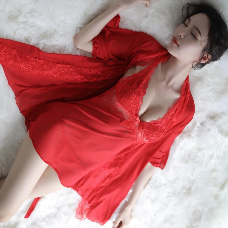 RV® Lingerie Gamis Seksi + G-String Baju Tidur Wanita Renda Jubah Transparan 1064-8