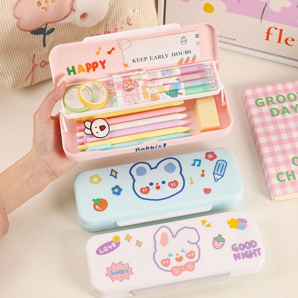 Top Cartoon Stationery Box Baru Kreatif Lapisan Ganda|Kotak Pen Cream