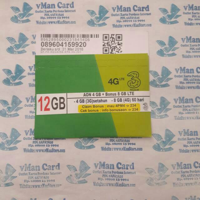 KARTU TRI AON 32GB (4GB + 8GB + 20GB )