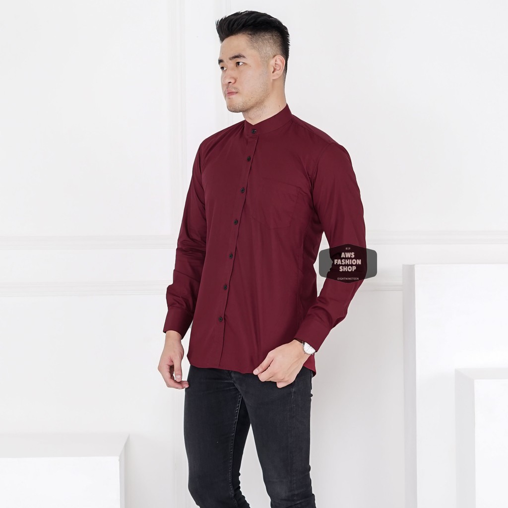 Baju Hem Kemeja Lengan Panjang Pria Merah Maroon Red Kerah Shanghai Polos Slimfit Casual 3305