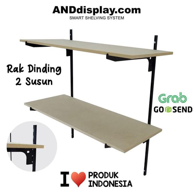 RAK DINDING 2 SUSUN TIANG BRACKET BESI DEKORASI BUKU PAJANGAN KAYU