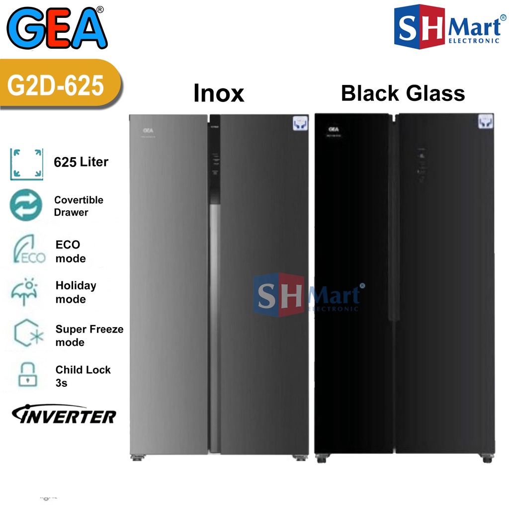 KULKAS SIDE BY SIDE GEA G2D-625 INOX G2D-625 BLACK KAPASITAS 625 LITER INVERTER GARANSI RESMI