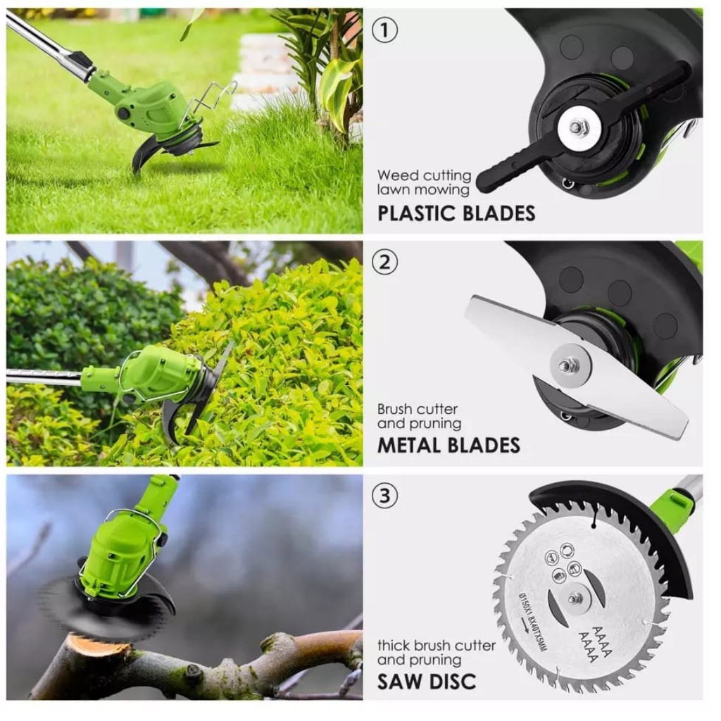 Mesin Potong Rumput 12V Cordless Lawn Mower Electric Grass Trimmer with Li-ion Batteries green